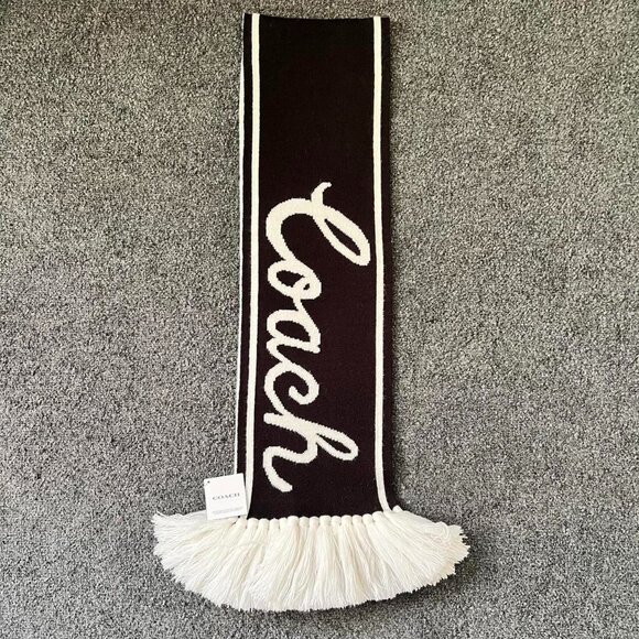 BNWT Coach Wool Blend Black and White Varsity Scarf with Fringe - Picture 1 of 4